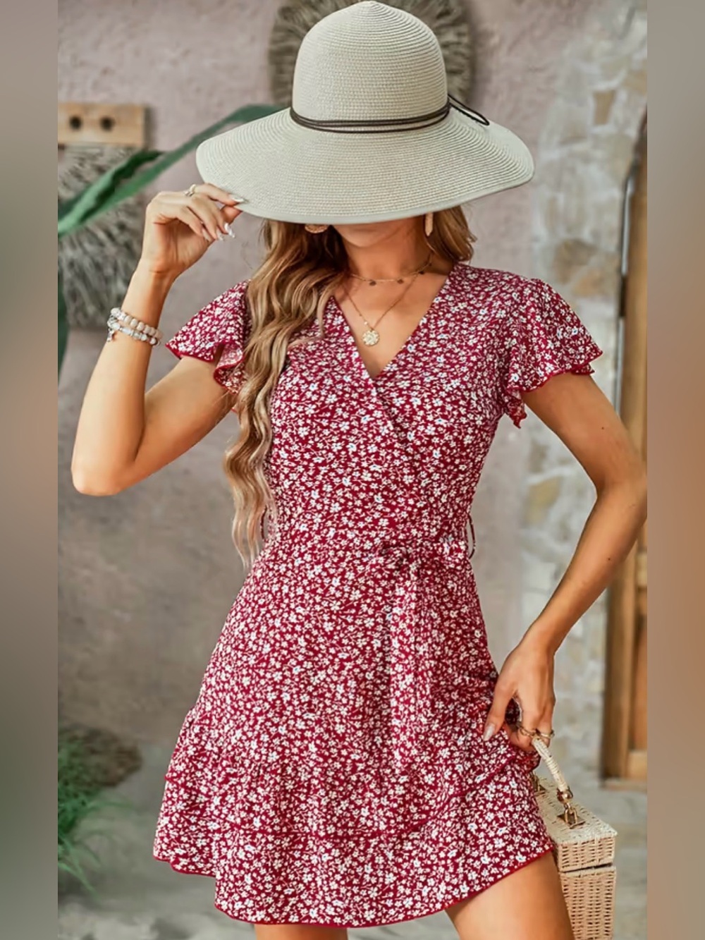 CUPSHE Red Ditsy Floral V-Neck Tiered Ruffle Mini Dress, sz XL